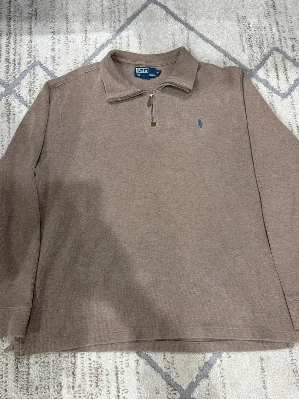 Polo Ralph Lauren Men's XL Beige Quarter Zip Pullover Blue Pony Cotton Sweater